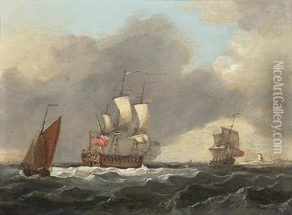 A Sixth Rate Running Up The Channel Off The Old Dungeness Lighthouse Oil Painting - Francis Swaine