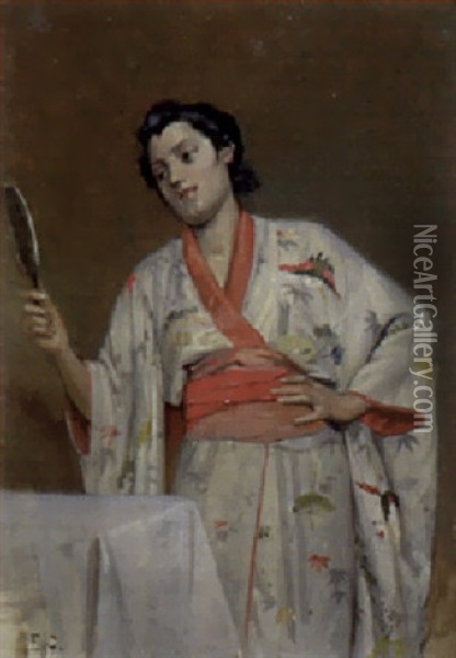 Dame In Kimono Oil Painting - Edouard Castres