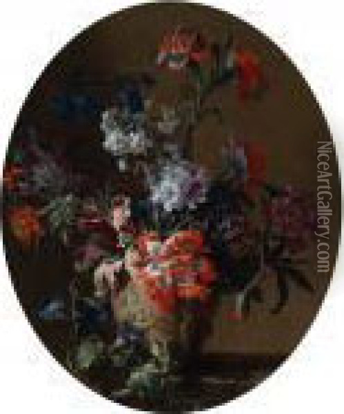 Natura Morta Floreale In Vaso Di Pietra Scolpito Oil Painting - Jean-Baptiste Monnoyer
