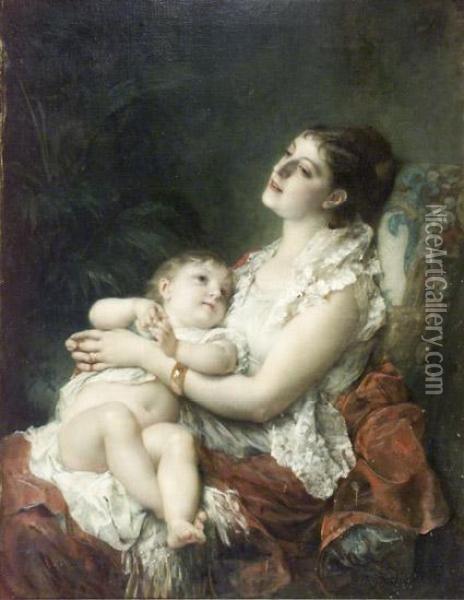 Mother And Child Oil Painting - Adolphe Jourdan