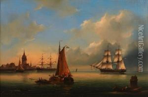 Ships In A German Harbor Oil Painting - Govert Van Emmerik