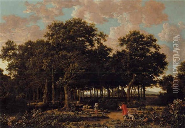 A Wooded Landscape With A Huntsman And A Shepherdess Oil Painting - Joris van der Haagen