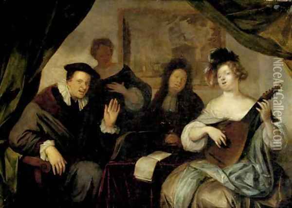 A merry company making music and singing in an interior Oil Painting - Richard Brakenburgh