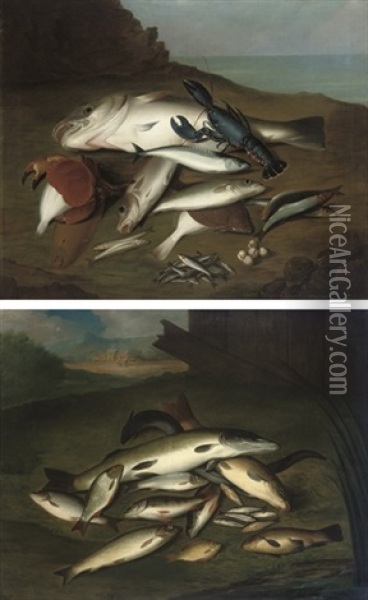 Trout, Salmon, Pike, Perch And Other Fish On A Bank (+ Cod, Mackerel, Herring, Sardines; Pair) Oil Painting - Stephen Elmer