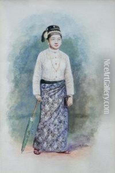 Study Of A Burmese Woman In Traditional Dress With Parasol In Her Right Hand Oil Painting - Mg Tun Hla