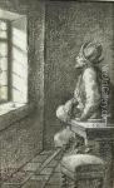 Schets Van Een Gevechtstafereel; Personage Aan Het Water En Soldaat Aan Het Raam. Oil Painting - Theobald Chartran
