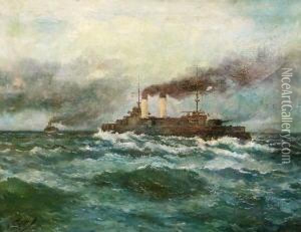 Russische Kriegsschiffe Auf Hoher See Oil Painting - Mikhail Pelopidovich Latri