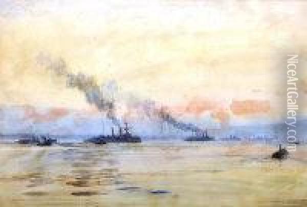 Foreign Warships At Spithead Awaiting The Passing Of The Queen Oil Painting - William Lionel Wyllie