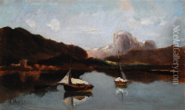 Paesaggio Lacustre Con Barche Oil Painting - Ugo Manaresi