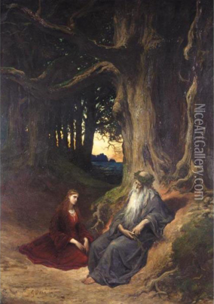 Viviane Et Merlin Se Reposant Dans La Foret Oil Painting - Gustave Dore