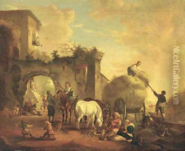 A village scene with a hay cart Oil Painting - Philips Wouwerman
