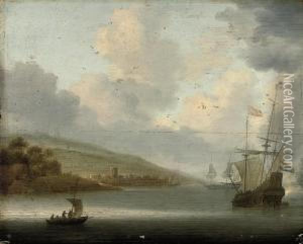 Anchored Ships By A Coast Oil Painting - Willem van Diest