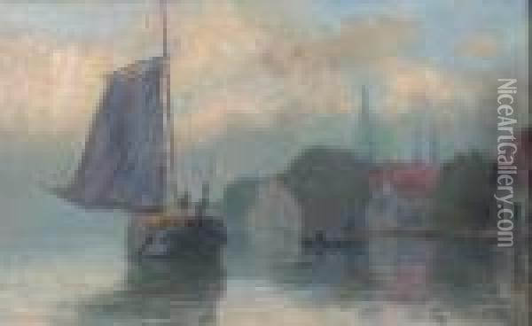 Les Bords De La Schie, A Delft Par Temps De Brouillard Oil Painting - Albert Lebourg