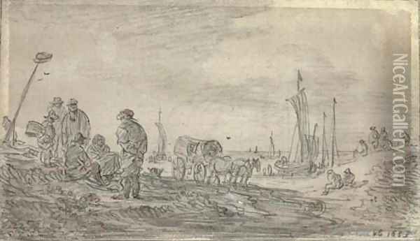 Fishermen on a beach, sailing boats seen beyond Oil Painting - Jan van Goyen