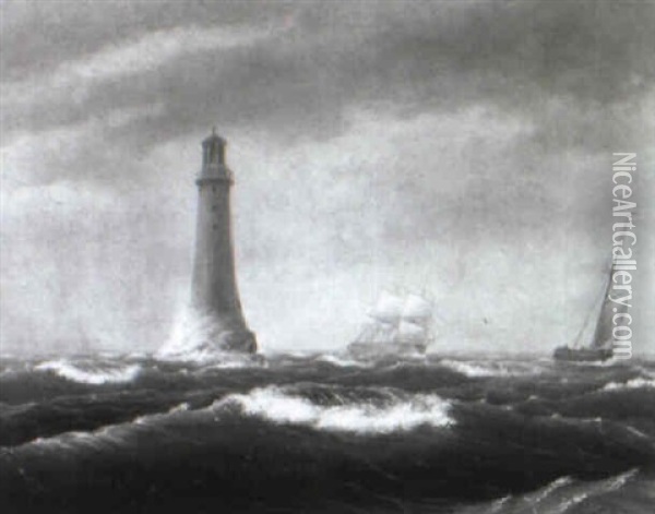 Lighthouse And Two Vessels Oil Painting - Thomas Birch