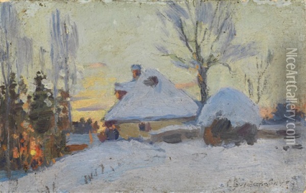 Winter Village At Sunset Oil Painting - Sergei Ivanovich Vasil'kovsky