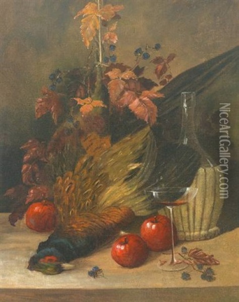 Jagdliches Stilleben Mit Fasan, Weinlaub, Apfeln Und Weinflasche Oil Painting - Joseph Correggio