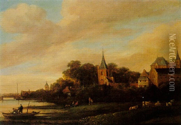 Fishermen Pulling In Their Nets On The Banks Of A Water Meadow Oil Painting - Jan Meerhout