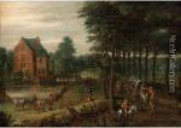 A Landscape With A Horse-drawn 
Wagon, Figures On Horse-back And Others Walking On A Path By A Small 
Manor Oil Painting - Jan Brueghel the Younger