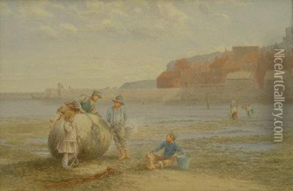 'the Harbour Buoy' - Children Playing Near Tate Hill Pier Whitby Oil Painting - Edward C. Booth