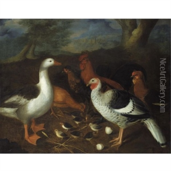 Bantams, A Goose, A Turkey And Chicks In A Landscape Oil Painting - Louis (Lewis) Hubner