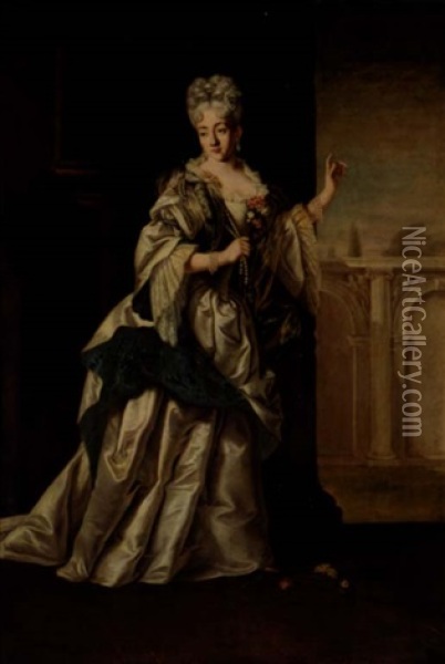 A Portrait Of A Noblewoman, Standing In A Classical Palace And Wearing A White Satin Dress And Pearl Necklace Oil Painting - Giovanni Maria Delle Piane