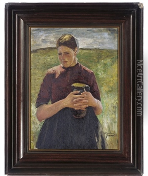 Portrait Of A Girl In A Field Holding A Jug Oil Painting - Olof August Andreas Jernberg