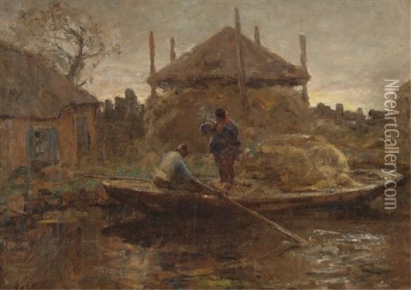 Two Farmers On A Praam Oil Painting - Evert Pieters