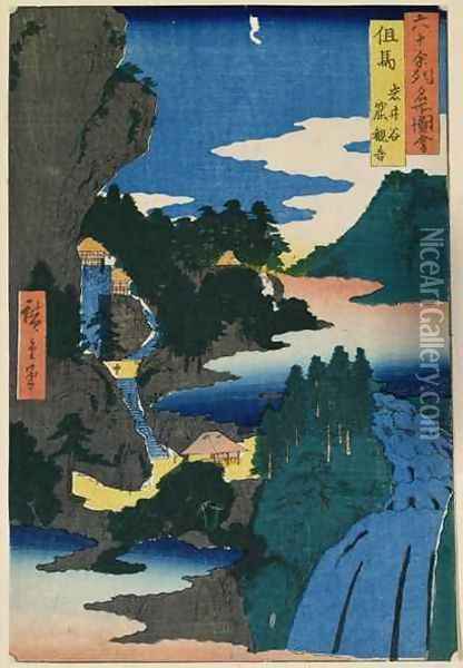 The cave of Kwannon Iwai Valley Tajima Province from Famous Places of the Sixty Provinces Oil Painting - Utagawa or Ando Hiroshige