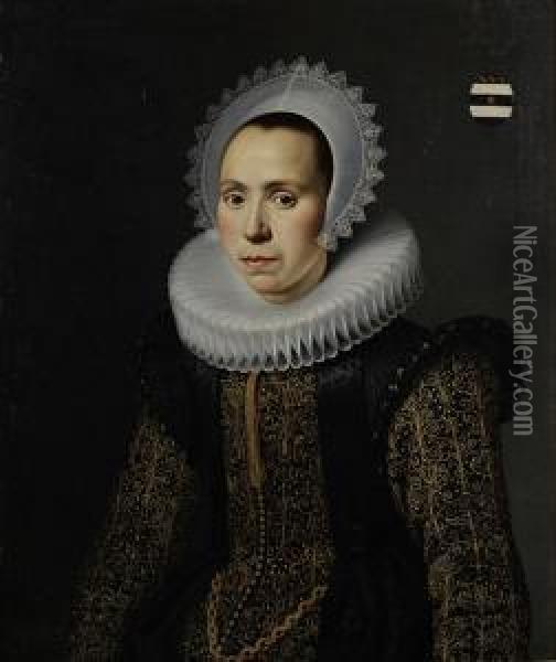 Portrait Of A Young Lady, A Member Of The Van Der Graeff Family, Most Probably Alida (1592-1673), Half-length, In A Black Silk Dress Embroidered With Gold And A White Lace Ruff And Headdress Oil Painting - Cornelis van der Voort