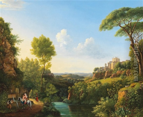 Italian Landscape With Travellers By The Fountain Oil Painting - Pierre Athanase Chauvin