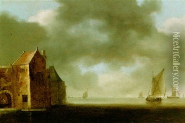 A River Landscape With Sailing Boats And A Fortified Entrance Gate To The Left Oil Painting - Wouter Knijff