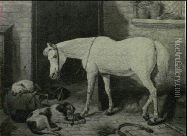 A Grey Pony With Resting Hounds Before A Stable Oil Painting - John Emms