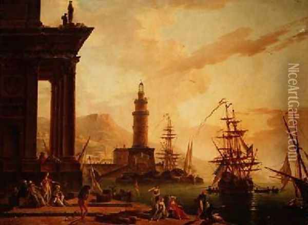 Capriccio of a Mediterranean harbour with a Dutch frigate and other shipping Oil Painting - La Croix de Marseilles