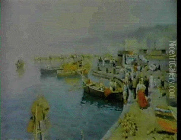 Preparing The Fishing Boats Oil Painting - Attilio Pratella