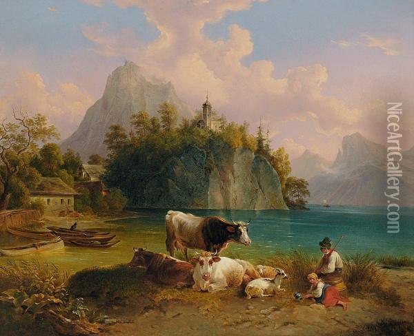 Hirtenpaar Mit Kuhen Am Ufer Des Traunsee Oil Painting - Franz Mirwald