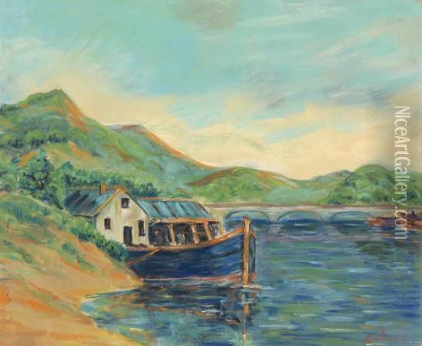 Au Bord De Riviere, 
Bateau Et Pont Oil Painting - Armand Guillaumin
