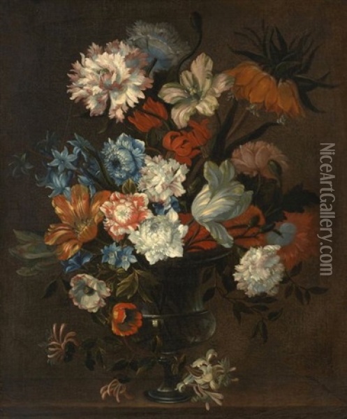 Bouquet De Tulipes, Oeillets Et Chevrefeuille Dans Un Vase Oil Painting - Justus van Huysum the Elder