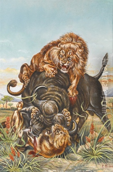 Von Lowen Angegriffener Wasserbuffel Oil Painting - Alphonse Etienne Dinet