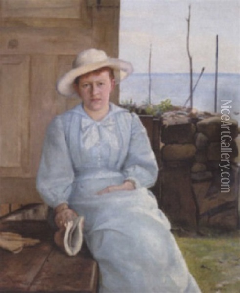 Dame I Lysebla Kjole Siddende Ved Et Stengaerde Oil Painting - Sophie Holten