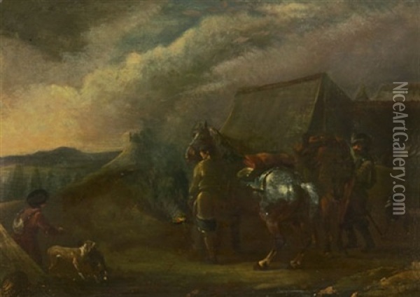Zwei Reiter Vor Einem Zelt Am Feuer Oil Painting - August Querfurt