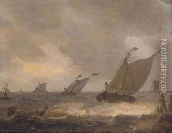 Dutch barges in a stiff breeze offshore Oil Painting - Johannes Pieterszoon Schoeff