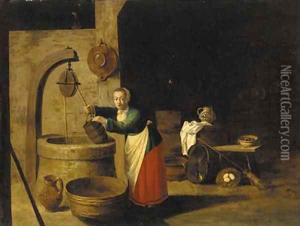 A barn interior with a woman at a well Oil Painting - David The Younger Teniers
