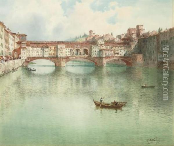 The Ponte Vecchio On The River Arno, Florence Oil Painting - Henry B. Wimbush