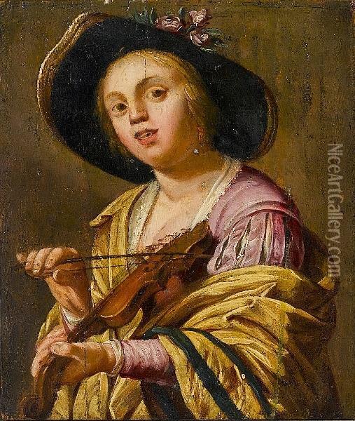 A Young Woman (phyllis) Playing A Violin Oil Painting - Gerrit Van Honthorst