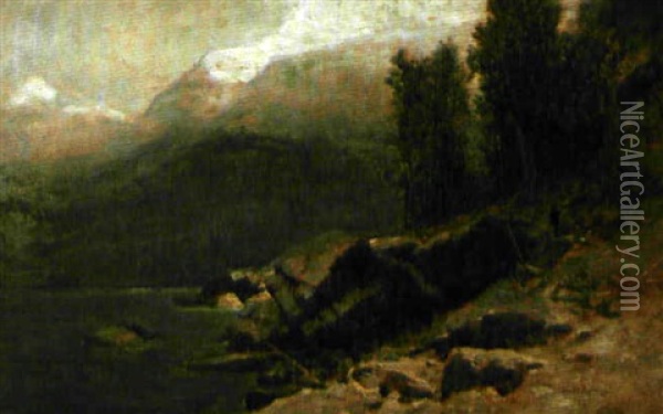 Seeufer Mit Schnee Bedeckten Bergspitzen Oil Painting - Gustave Eugene Castan