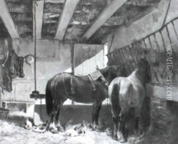Pferde Und Huhner Im Stall Oil Painting - Frans Van Leemputten
