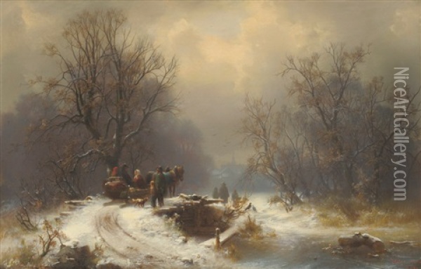 A Winter Landscape With Figures Beside A Horse-drawn Sledge, A Dog Nearby Oil Painting - Heinrich Hofer