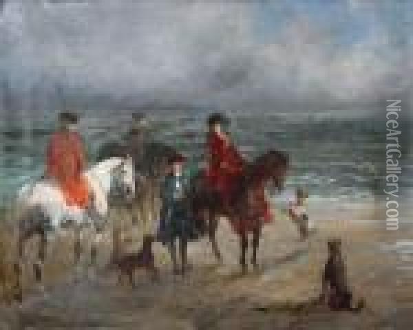Cavaliers Sur La Plage.. Oil Painting - John Lewis Brown
