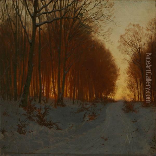 Winter Day In A Fortest With The Sunset Glow Among Thetrees Oil Painting - Ludvig Kabell